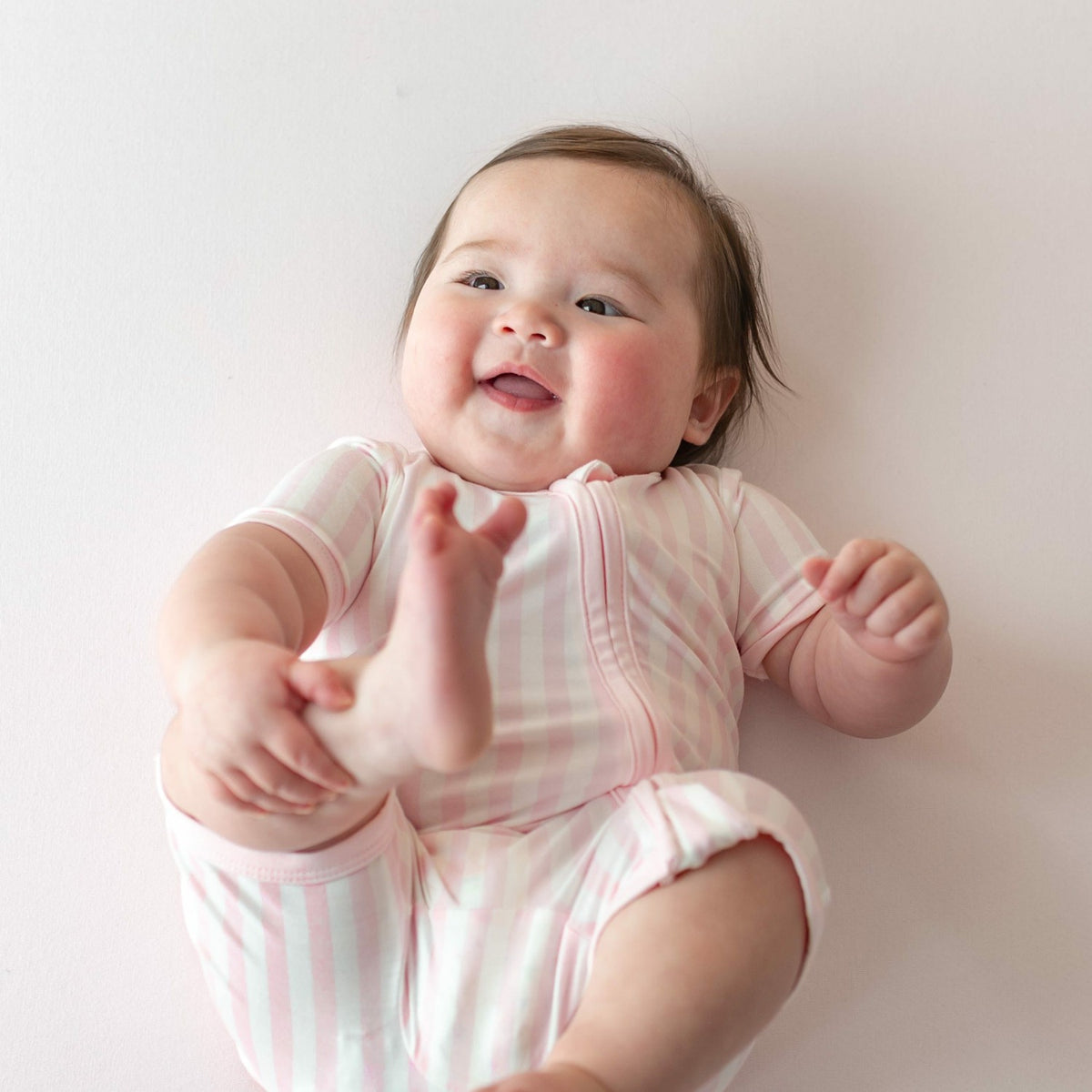 Kyte Baby Zipper Shortall Romper in Small Sakura Stripe