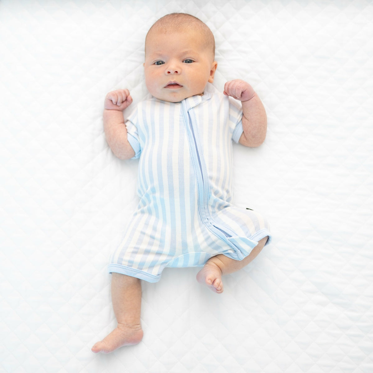 Kyte Baby Zipper Shortall Romper in Small Mist Stripe