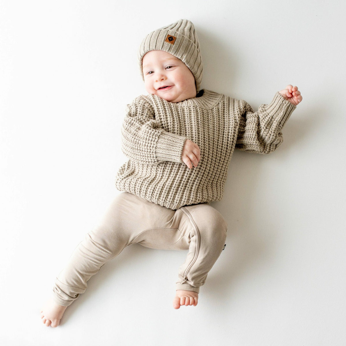 Kyte Baby Chunky Knit Ribbed Beanie in Almond