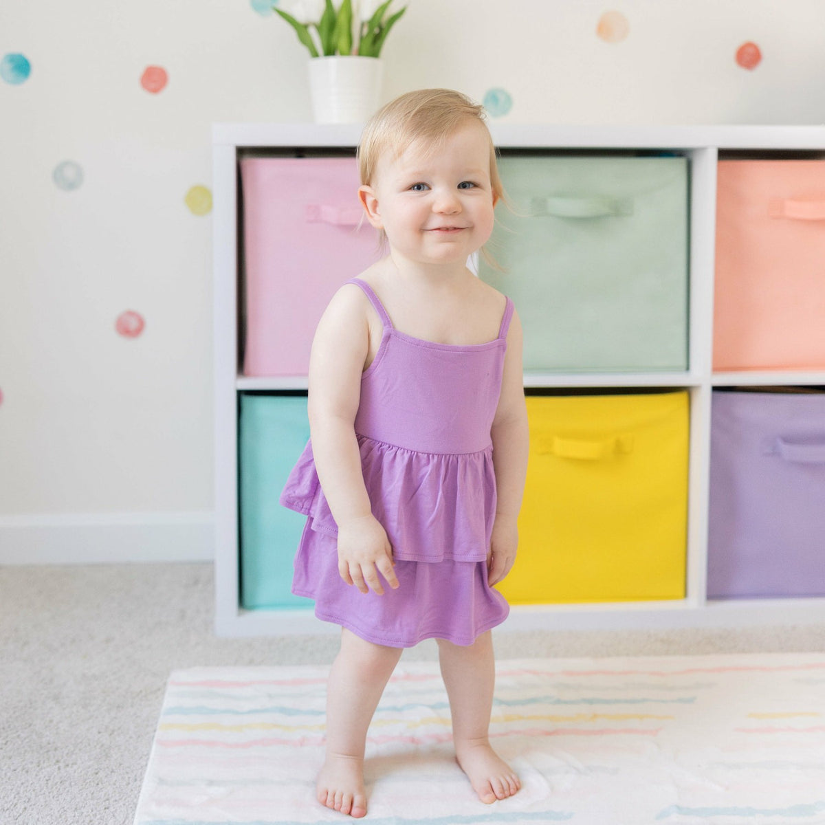 Kyte Baby Spaghetti Strap Ruffle Romper in Poi