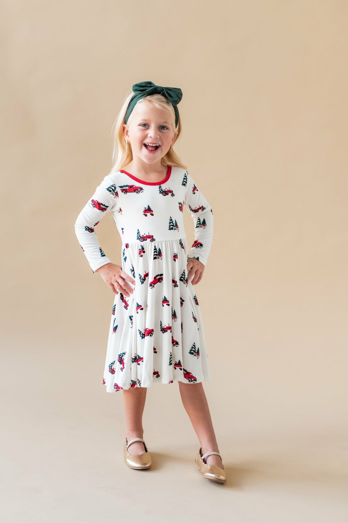 Kyte Baby Long Sleeve Twirl Dress in Holiday Tree Farm