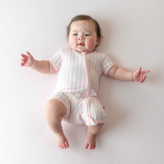 Kyte Baby Zipper Shortall Romper in Small Sakura Stripe