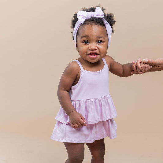 Kyte Baby Spaghetti Strap Ruffle Romper in Thistle