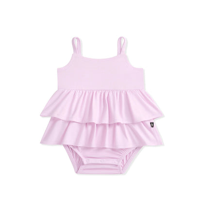 Kyte Baby Spaghetti Strap Ruffle Romper in Thistle