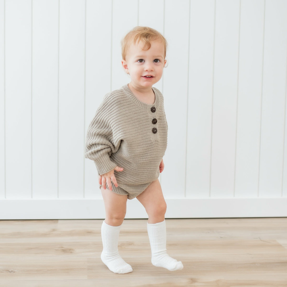 Kyte Baby Chunky Knit Romper in Almond
