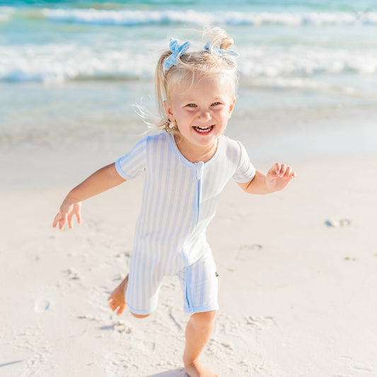Kyte Baby Zipper Shortall Romper in Small Mist Stripe