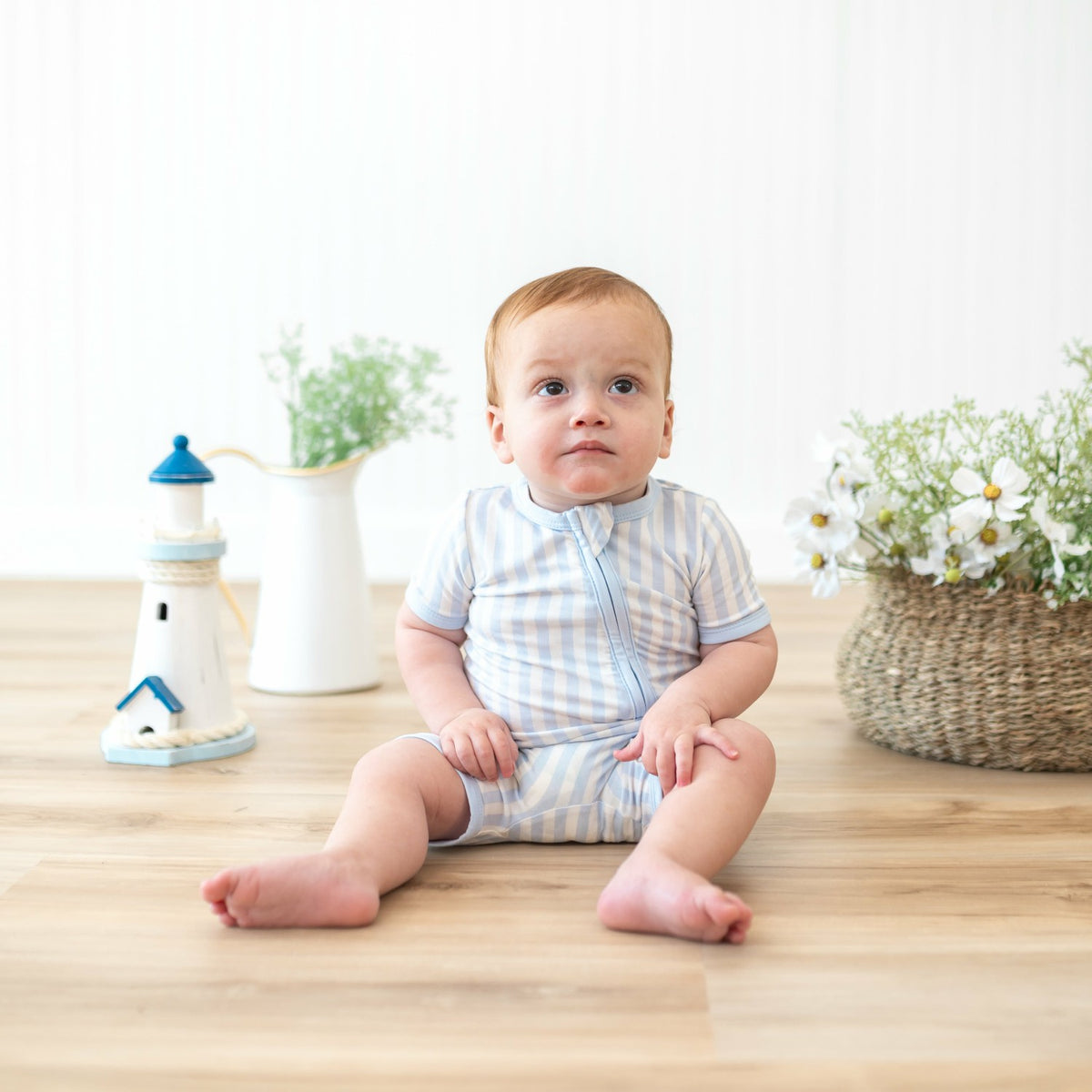 Kyte Baby Zipper Shortall Romper in Small Mist Stripe