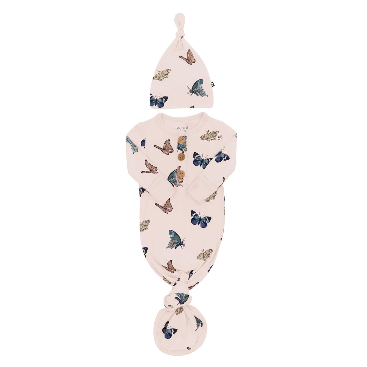 Kyte Baby Knotted Day Gown with Hat Set in Blush Butterfly