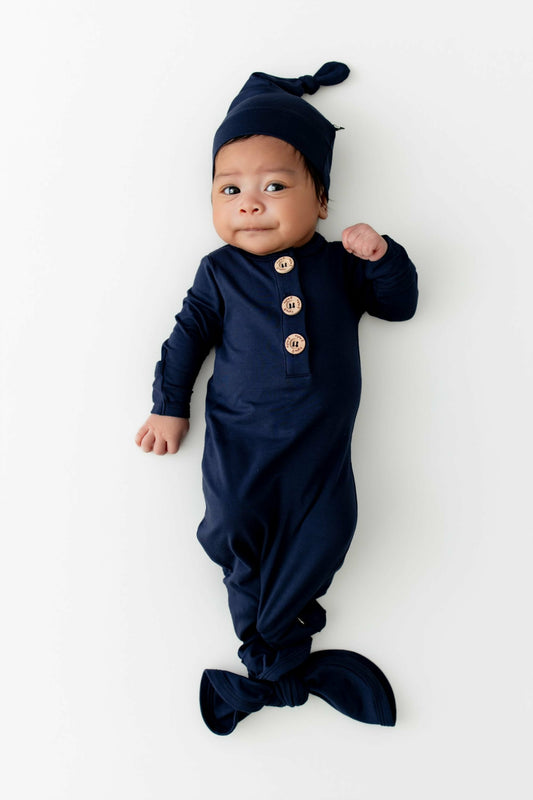 Kyte Baby Knotted Gown with Hat Set in Navy