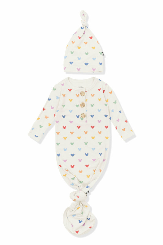Kyte Baby Knotted Day Gown with Hat Set in Pastel Mickey Mouse