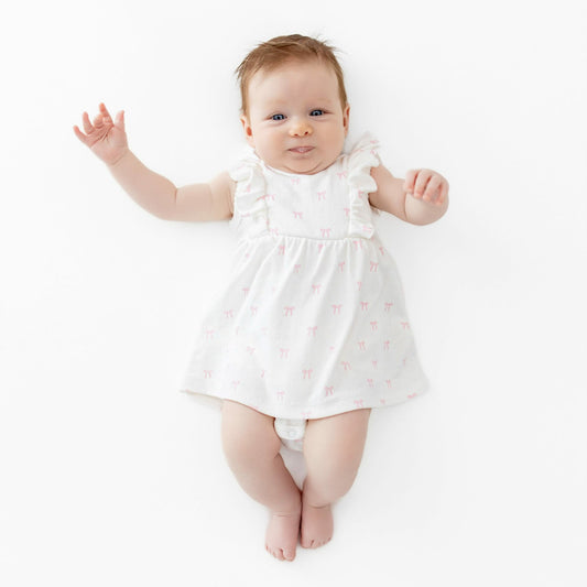 Kyte Baby Pointelle Bodysuit Dress in Sweet Pink Bow
