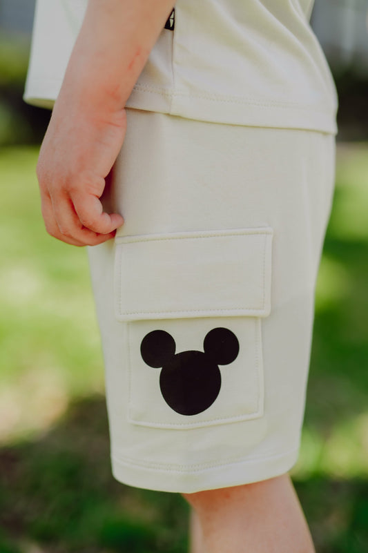 Kyte Baby Cargo Short in Mickey Mouse on Ecru
