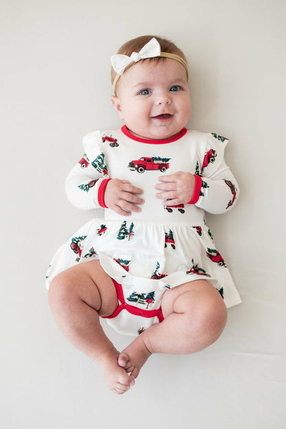 Kyte Baby Long Sleeve Twirl Bodysuit Dress in Holiday Tree Farm