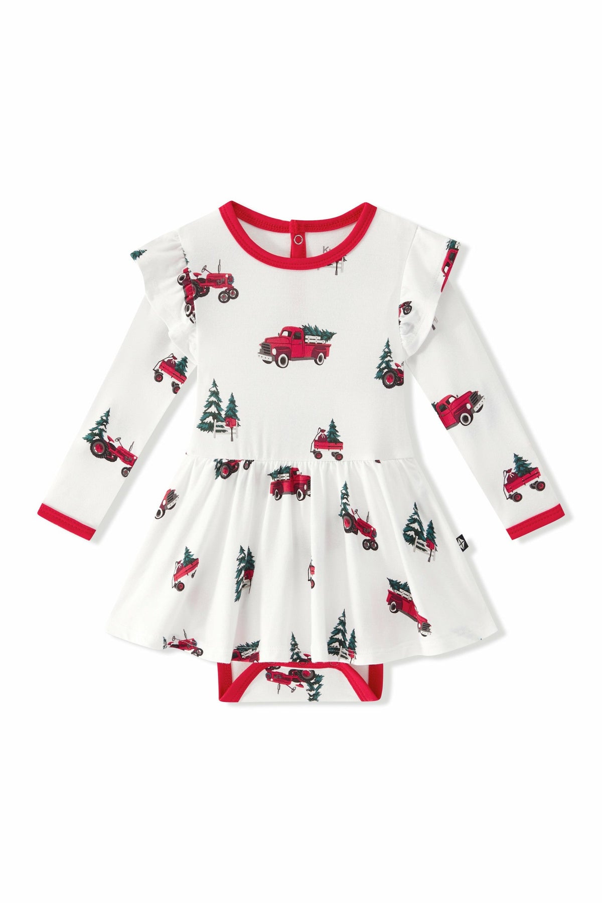 Kyte Baby Long Sleeve Twirl Bodysuit Dress in Holiday Tree Farm