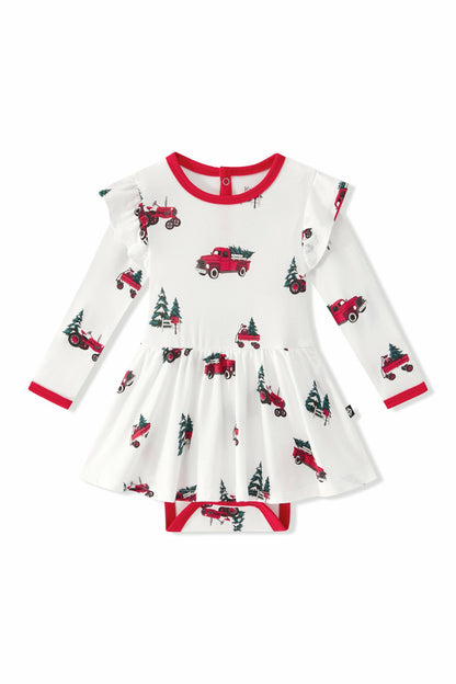 Kyte Baby Long Sleeve Twirl Bodysuit Dress in Holiday Tree Farm