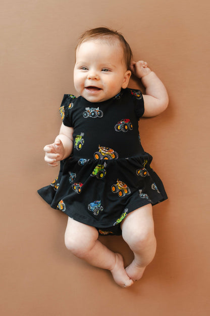 Kyte Baby Twirl Bodysuit Dress in Monster Truck