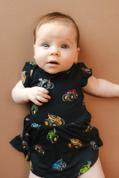 Kyte Baby Twirl Bodysuit Dress in Monster Truck