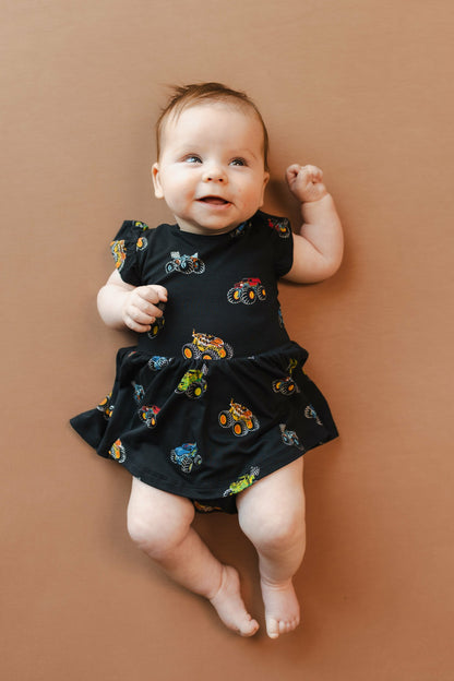 Kyte Baby Twirl Bodysuit Dress in Monster Truck