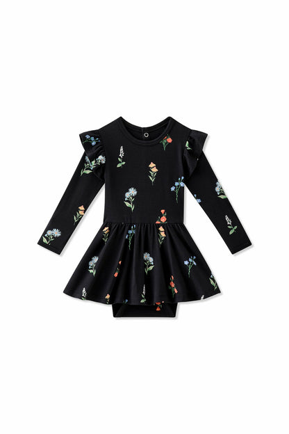 Kyte Baby Long Sleeve Twirl Bodysuit Dress in Midnight Wildflower