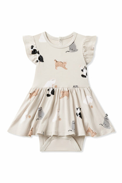 Kyte Baby Twirl Bodysuit Dress in Fluffy Cat