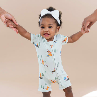 Kyte Baby Zipper Shortall Romper in Winnie the Pooh Hundred Acre Wood
