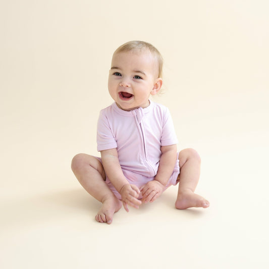 Kyte Baby Zipper Shortall Romper in Thistle