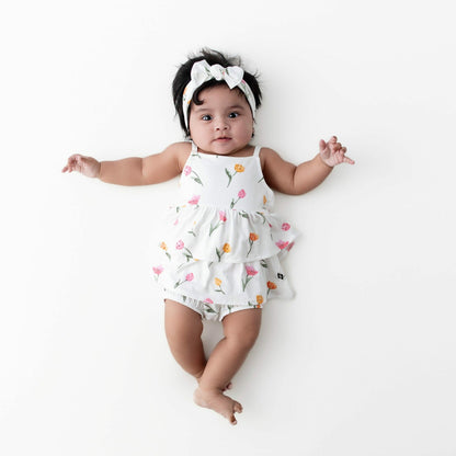 Kyte Baby Spaghetti Strap Ruffle Romper in Tulip