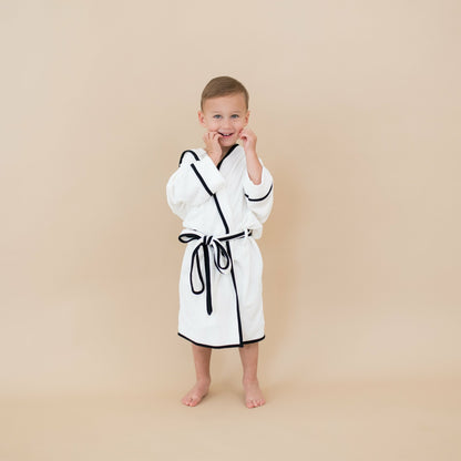 Kyte Baby Hooded Bath Robe in Cloud with Midnight Trim