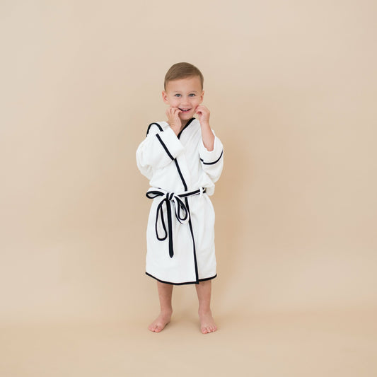 Kyte Baby Hooded Bath Robe in Cloud with Midnight Trim