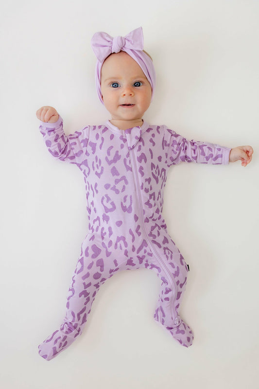 Kyte Baby Zippered Footie in Thistle Leopard