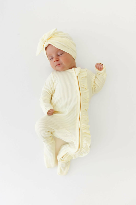 Kyte Baby Ribbed Ruffle Zipper Footie in Chamomile