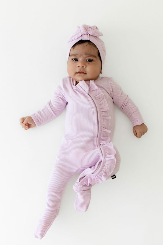 Kyte Baby Ribbed Ruffle Zipper Footie in Thistle