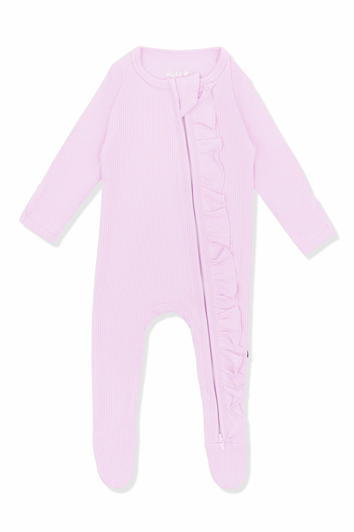 Kyte Baby Ribbed Ruffle Zipper Footie in Thistle