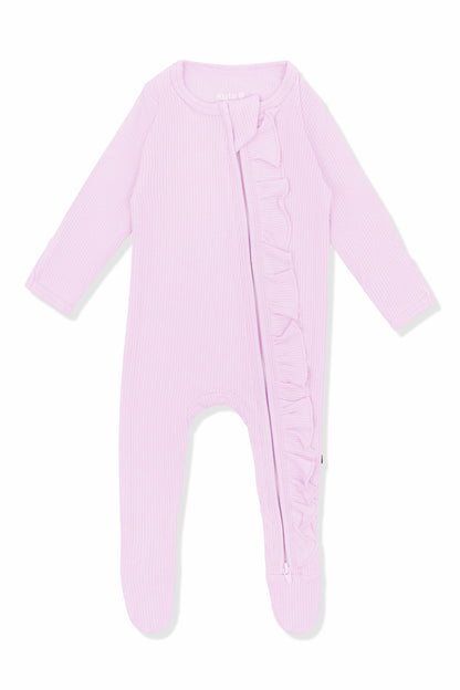 Kyte Baby Ribbed Ruffle Zipper Footie in Thistle