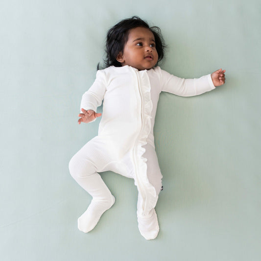 Kyte Baby Ribbed Ruffle Zipper Footie in Cloud