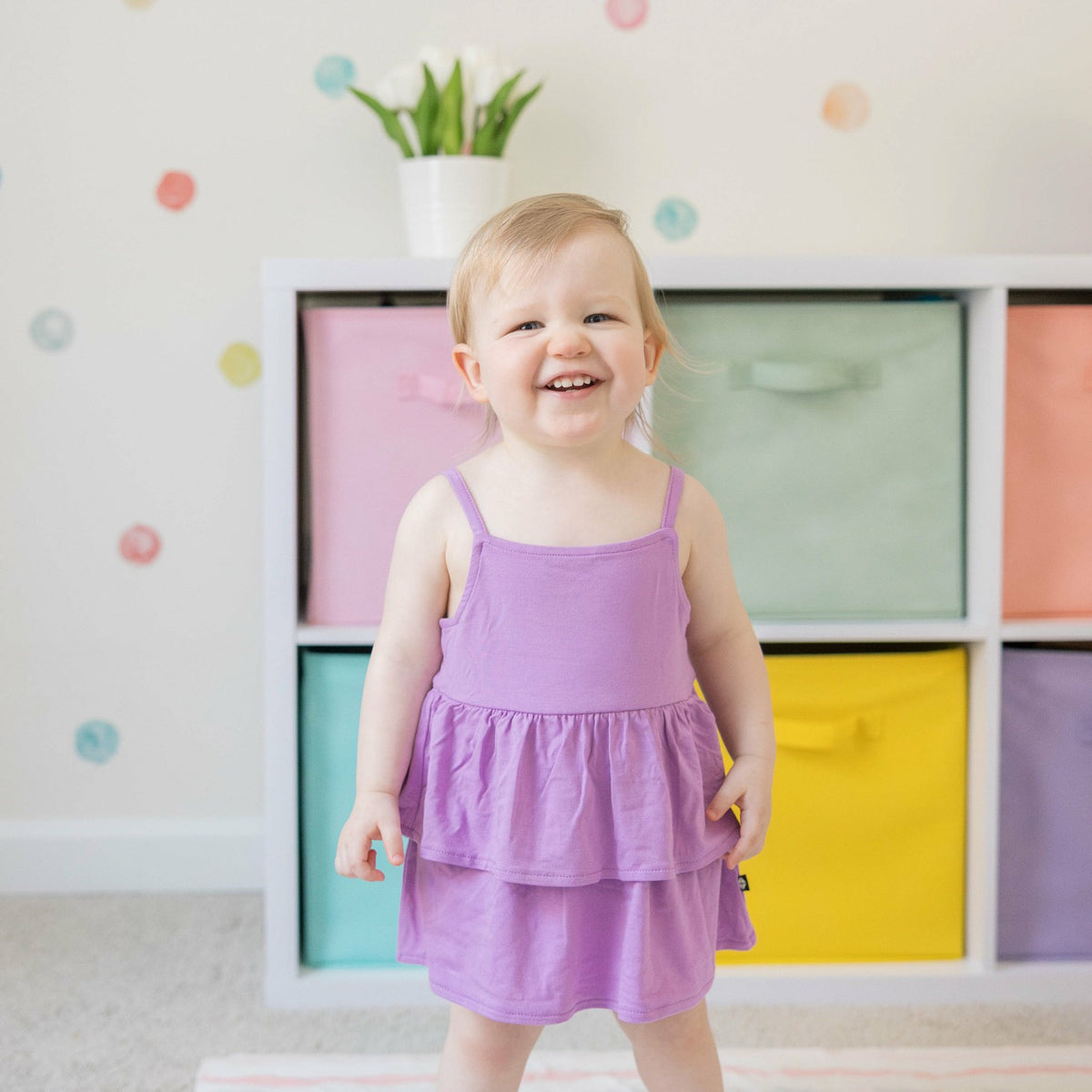Kyte Baby Spaghetti Strap Ruffle Romper in Poi
