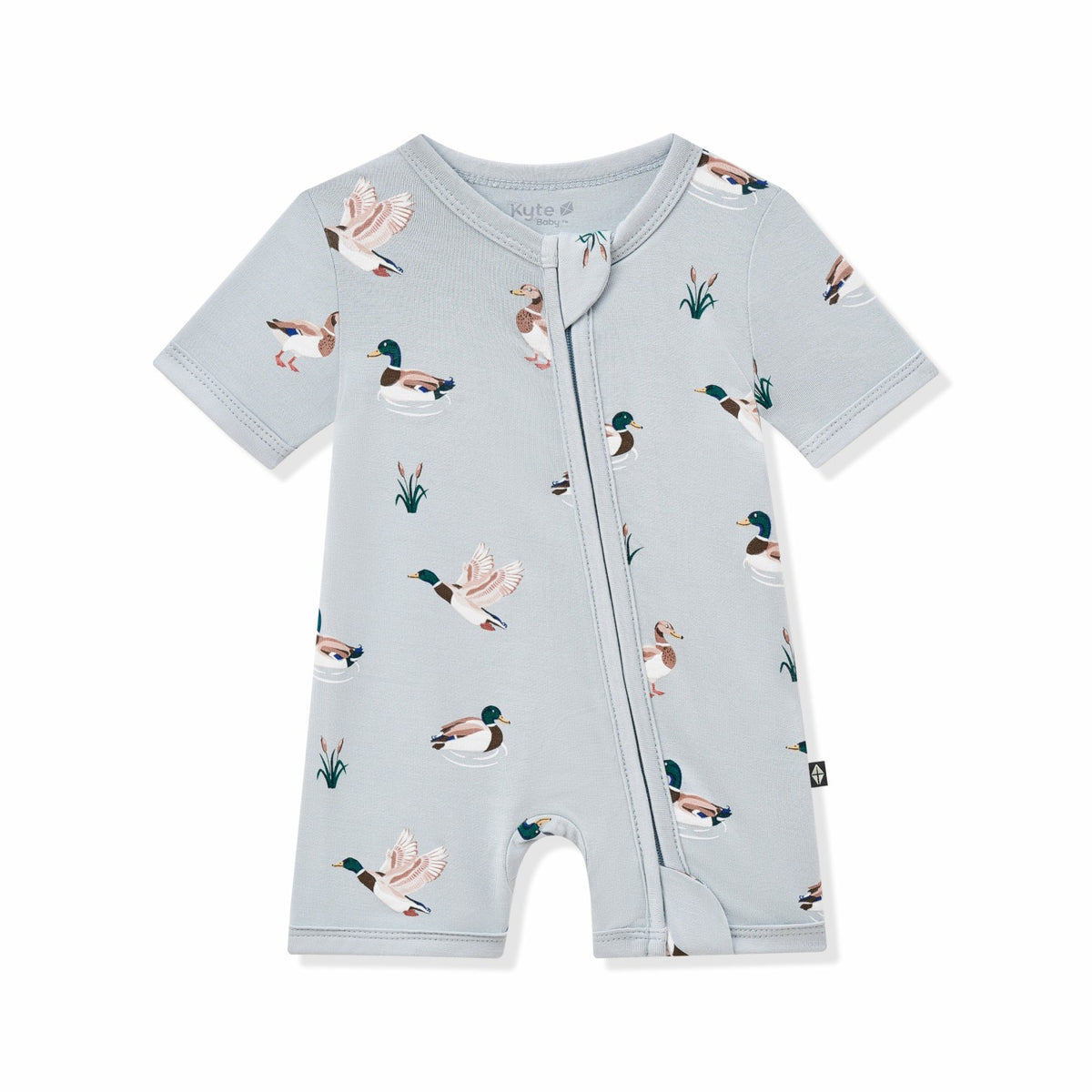 Kyte Baby Zipper Shortall Romper in Mallard Duck