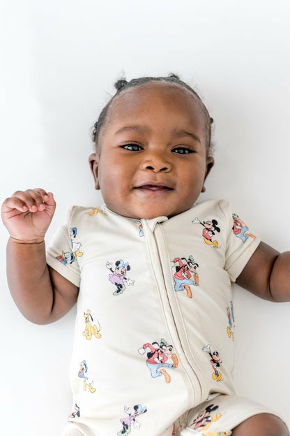 Kyte Baby Zipper Shortall Romper in Mickey Mouse and Friends