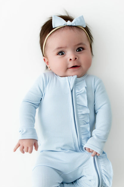 Kyte Baby Ribbed Ruffle Zipper Footie in Breeze