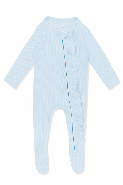 Kyte Baby Ribbed Ruffle Zipper Footie in Breeze