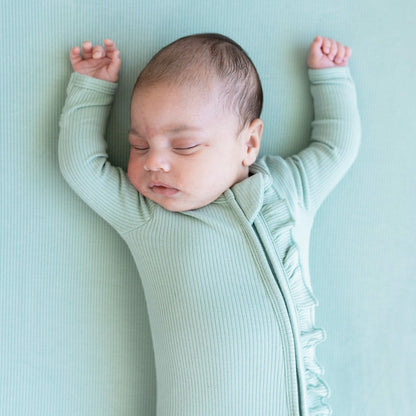 Kyte Baby Ribbed Ruffle Zipper Footie in Sage