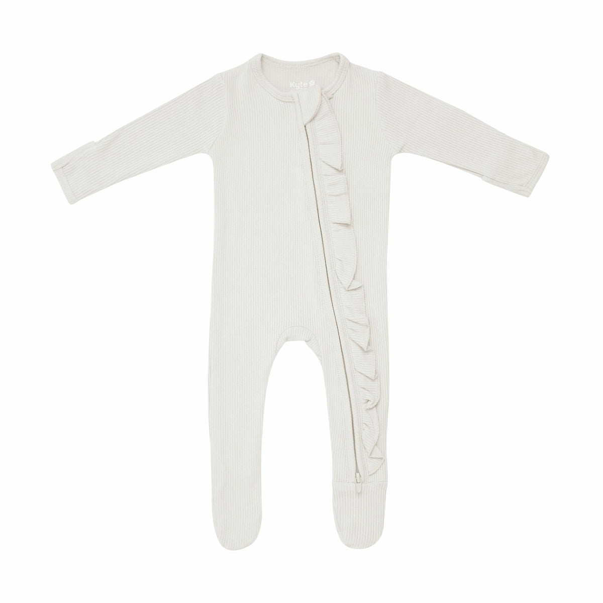 Kyte Baby Ribbed Ruffle Bamboo Zipper Footie in Oat