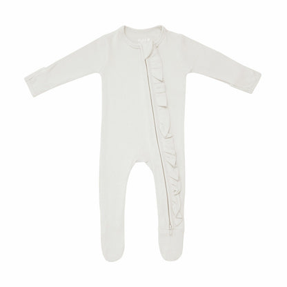 Kyte Baby Ribbed Ruffle Bamboo Zipper Footie in Oat