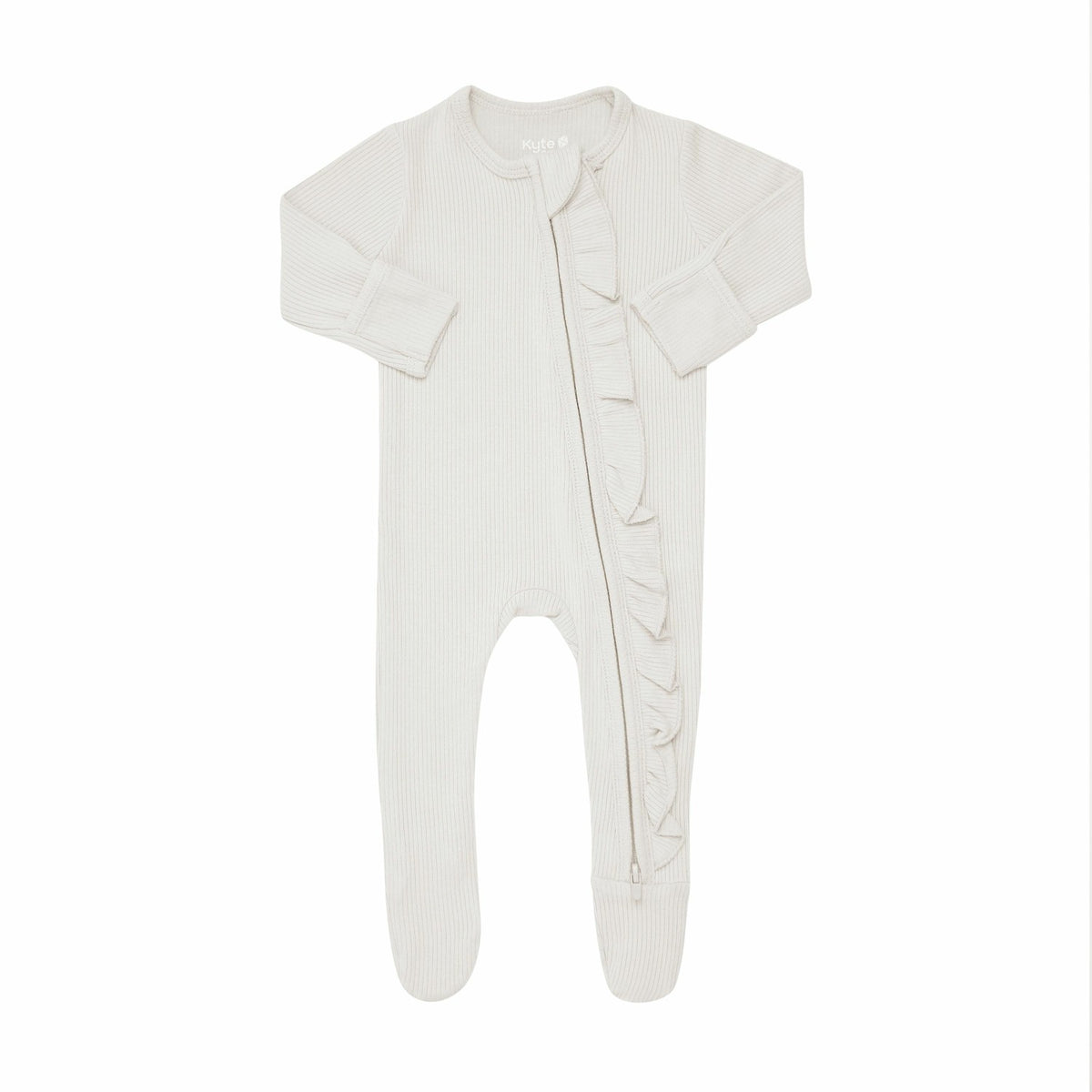 Kyte Baby Ribbed Ruffle Bamboo Zipper Footie in Oat