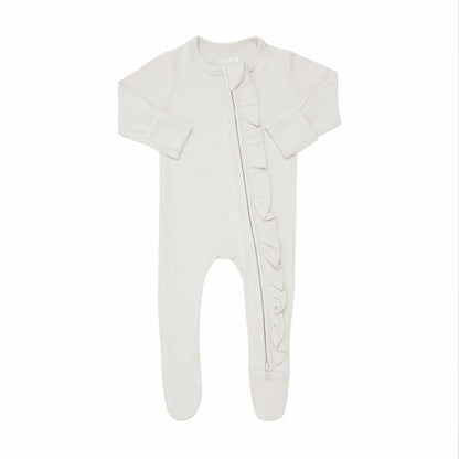 Kyte Baby Ribbed Ruffle Bamboo Zipper Footie in Oat