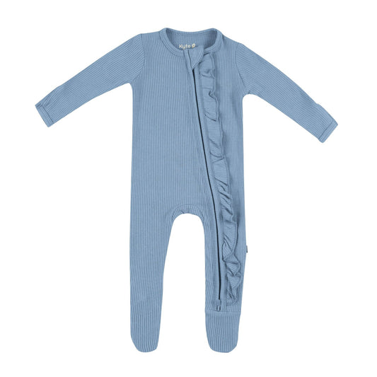 Kyte Baby Ribbed Ruffle Bamboo Zipper Footie in Slate