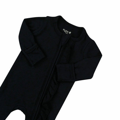 Kyte Baby Ribbed Ruffle Zipper Footie in Midnight