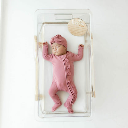 Kyte Baby Ribbed Ruffle Zipper Footie in Apple Blossom