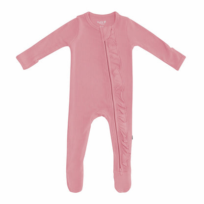 Kyte Baby Ribbed Ruffle Zipper Footie in Apple Blossom