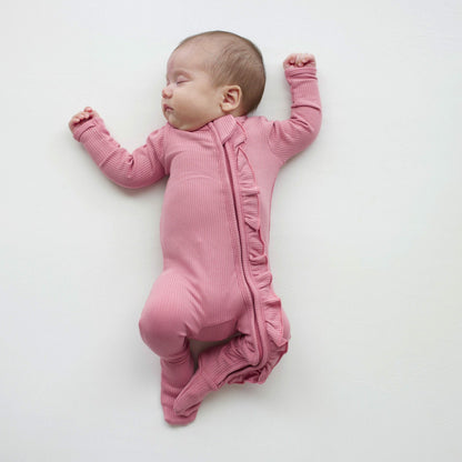 Kyte Baby Ribbed Ruffle Zipper Footie in Apple Blossom
